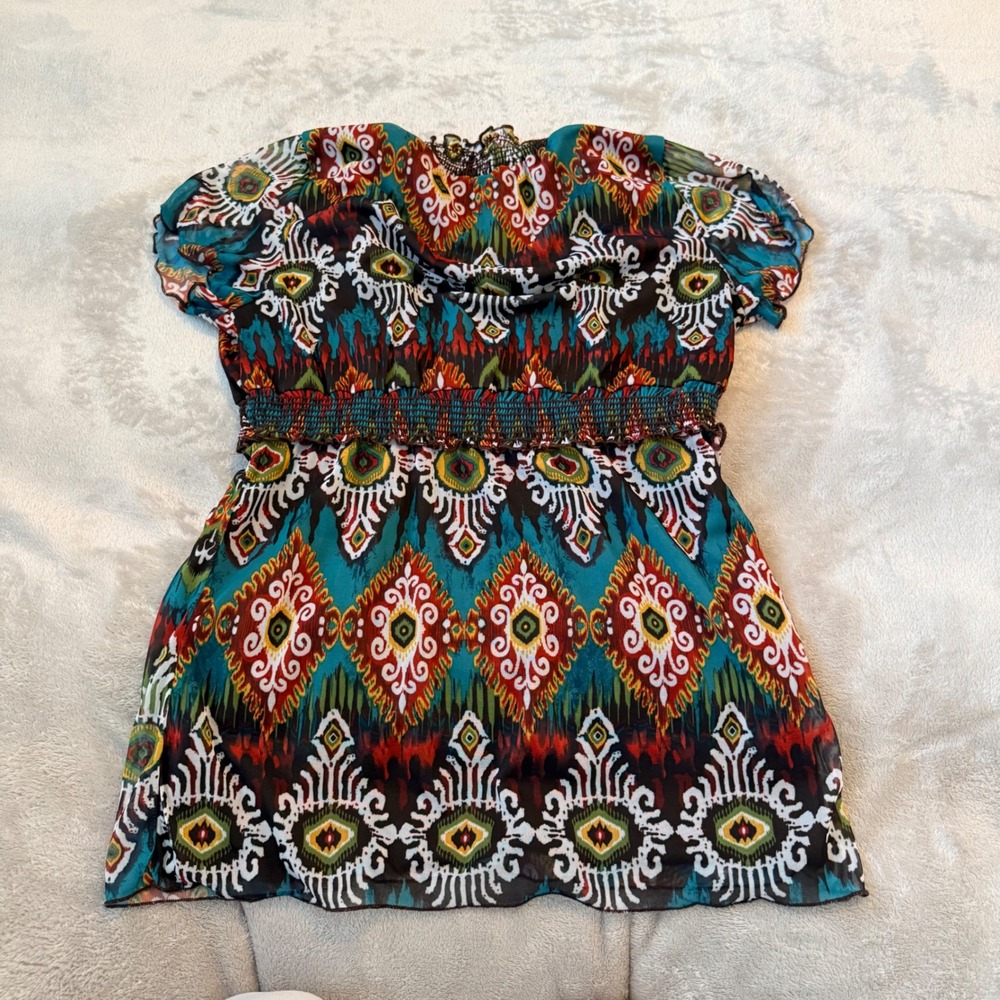 Cha Cha Vente Womens Multicolor Ikat Print Smocked Empire Waist Tunic Top Medium - Picture 4 of 5